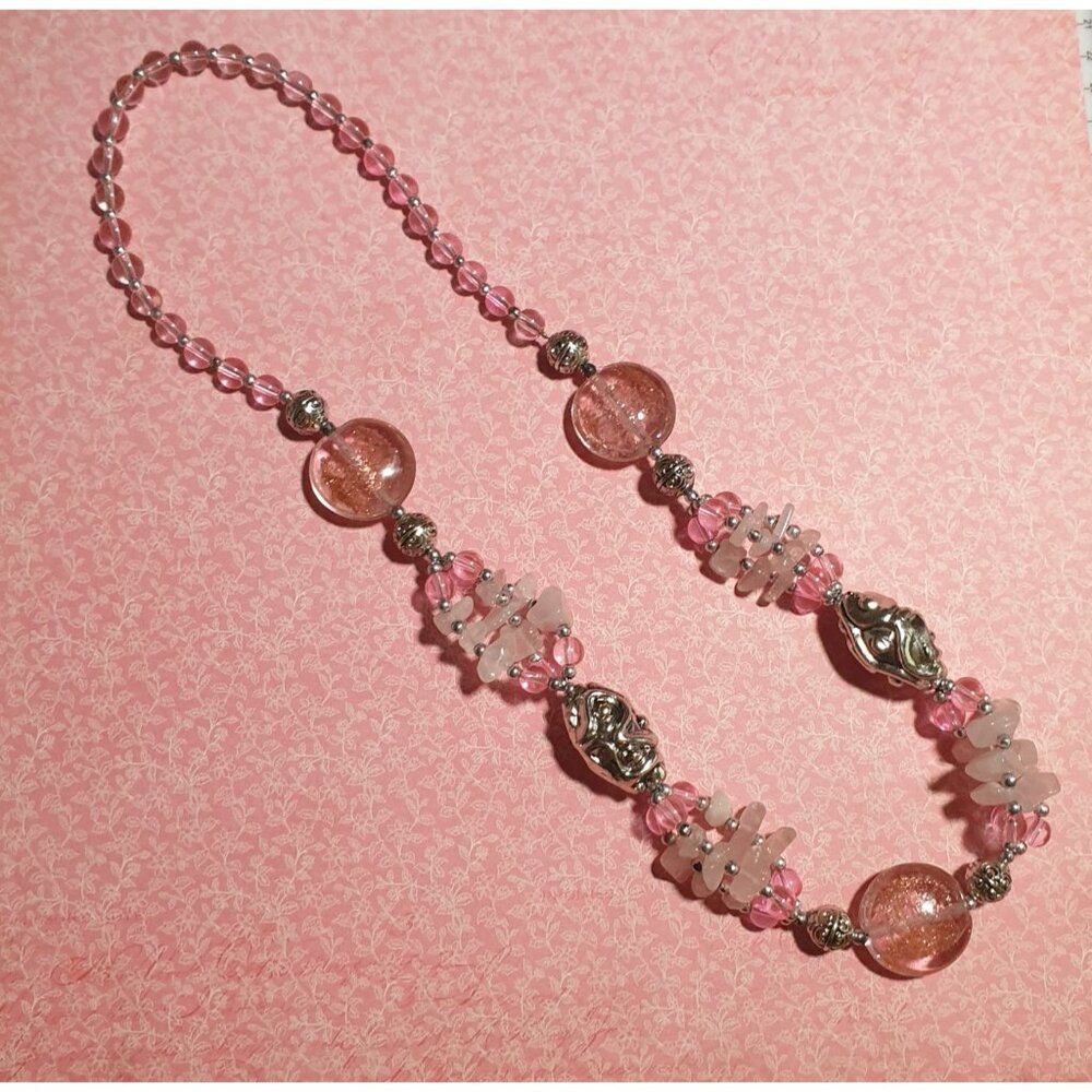 Vintage Pink Beaded Glass Acrylic Necklace Silver Accents Handmade Artisan
